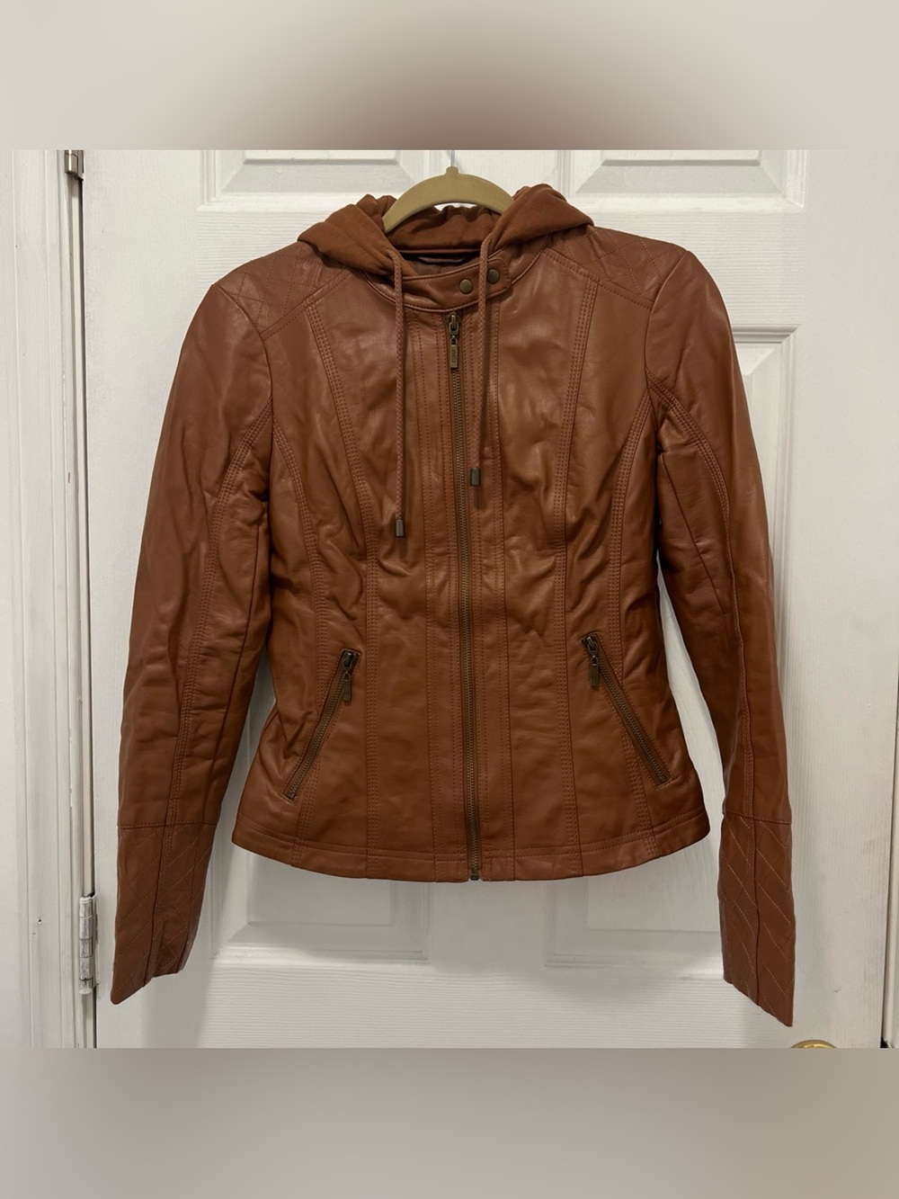 Woman’s GUESS LOS ANGELES Tan-brown Faux Leather Moto Style Hooded Jacket Sz S